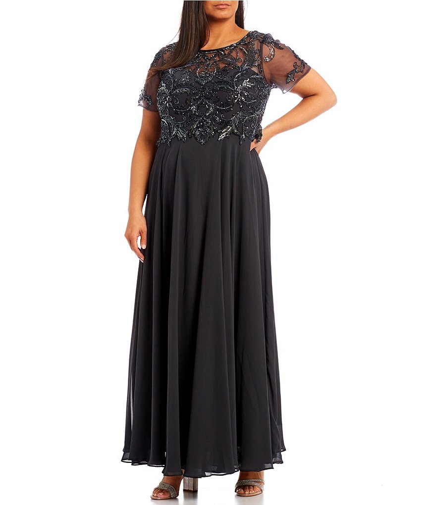 Xscape Plus Size Beaded Bodice Round Neck Short Sleeve Chiffon A Line Gown Dillards 0538