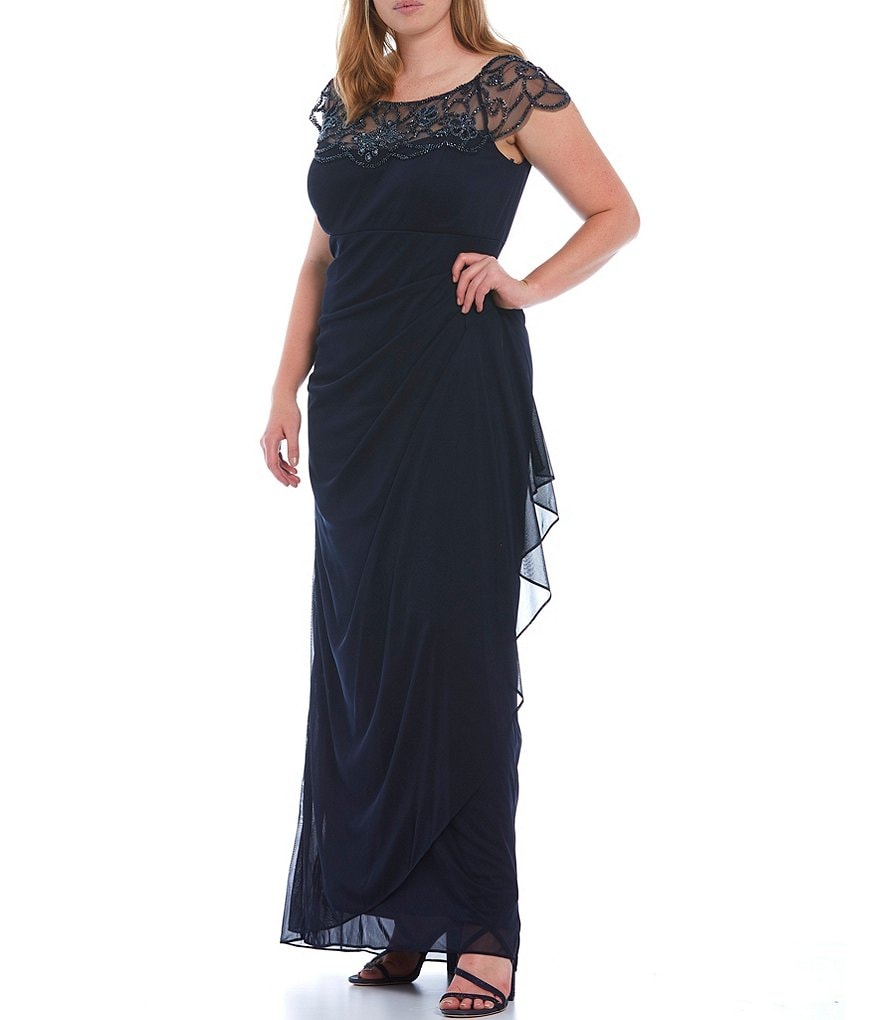 Xscape Plus Size Beaded Cap Sleeve Illusion Crew Neck Ruched Gown ...