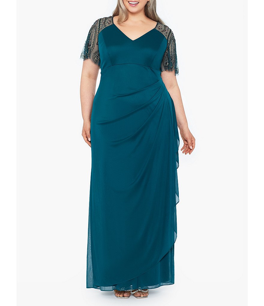 Xscape Plus Size Beaded Short Flutter Sleeve V-Neck Jersey Gown | Dillard's