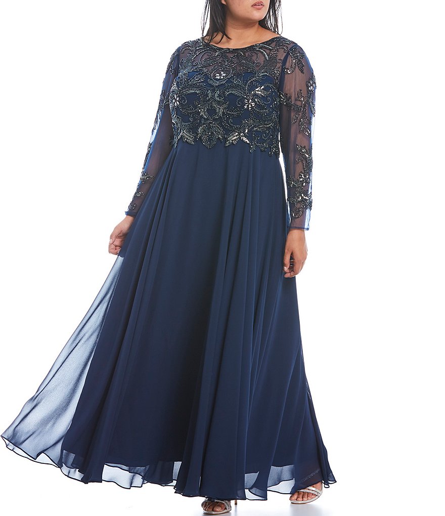 Xscape Plus Size Illusion Crew Neck Long Sleeve Floral Beaded Bodice  Chiffon Gown | Dillard's