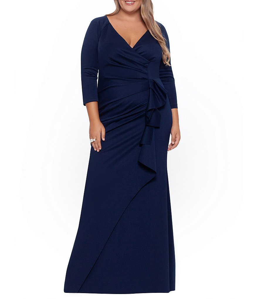 Xscape Plus Size 3/4 Sleeve Surplice V-Neck Side Ruching Long Dress ...