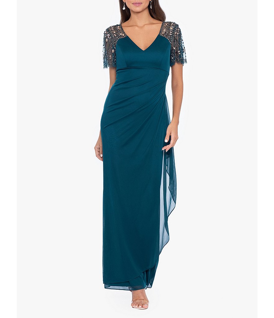 Xscape Short Beaded Sheer Flutter Sleeve Cascading Draped Waist V-Neck