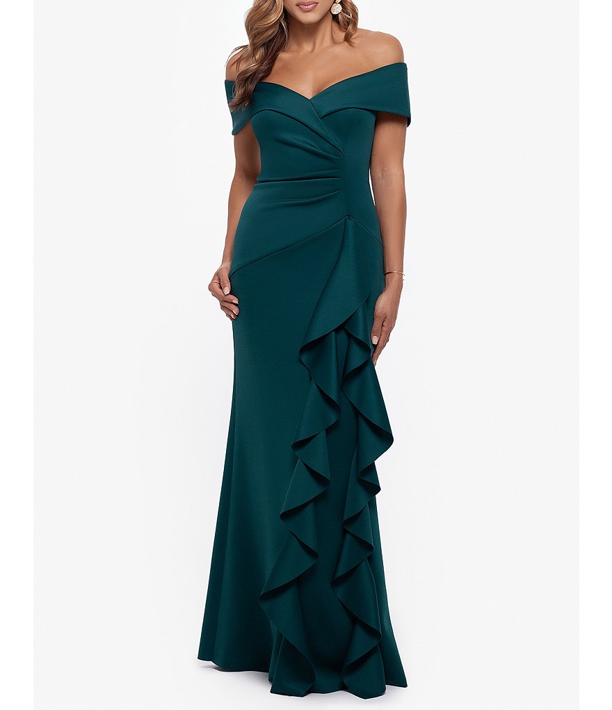 Xscape Stretch Off-the-Shoulder Cascading Ruffle Gown | Dillard's