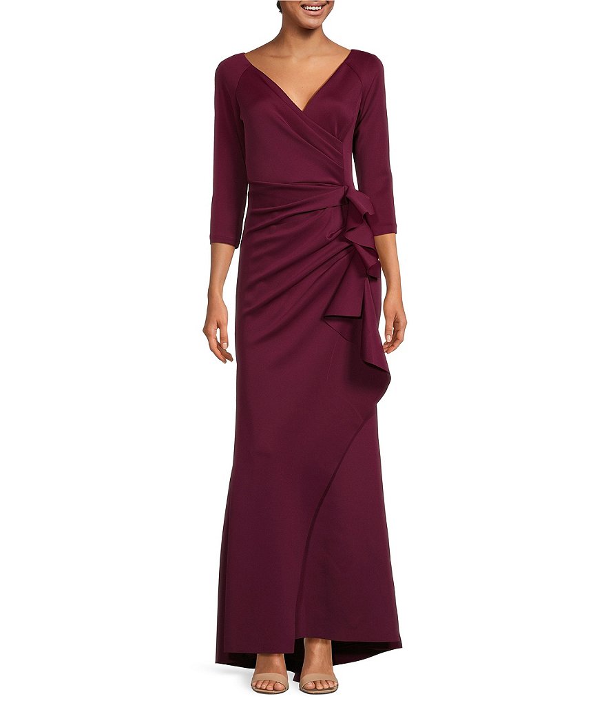 Xscape Stretch V Neck 3 4 Sleeve Pleated Draped Gown Dillard s