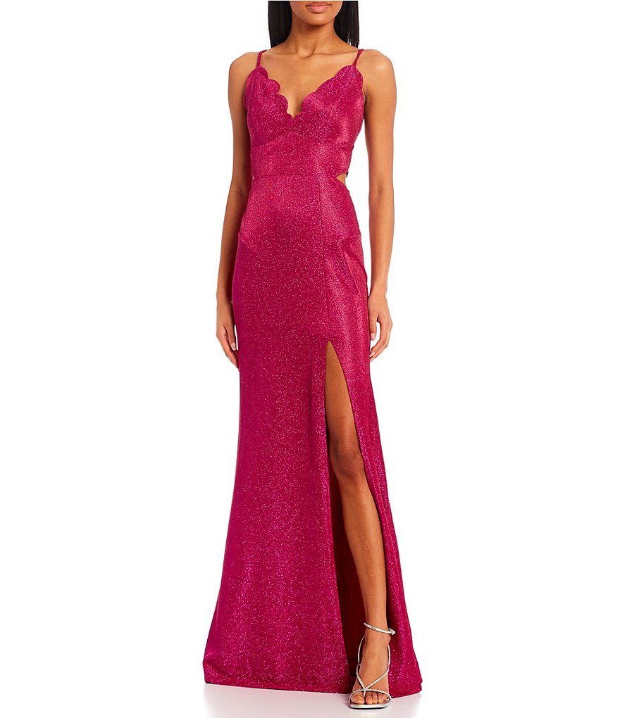 Xtraordinary Spaghetti Strap Scalloped V Neck Sherri Shimmer Shine Long Slit Hem Dress Dillards 1436