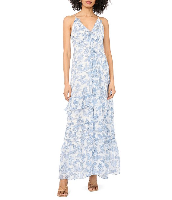 1. STATE Chiffon Toile Print V-Neck Sleeveless Ruffle A-Line Maxi Dress
