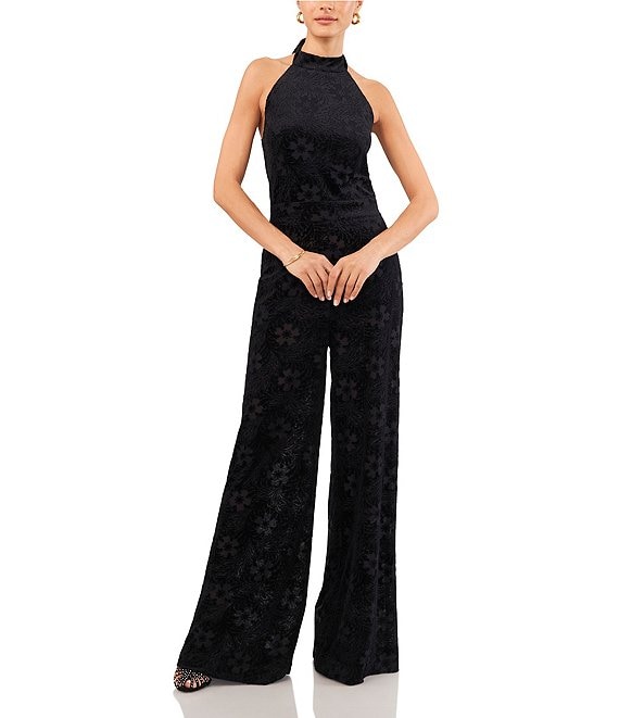Color:Rich Black - Image 1 - Floral Burnout Velvet Sleeveless Halter Neck Wide Leg Jumpsuit
