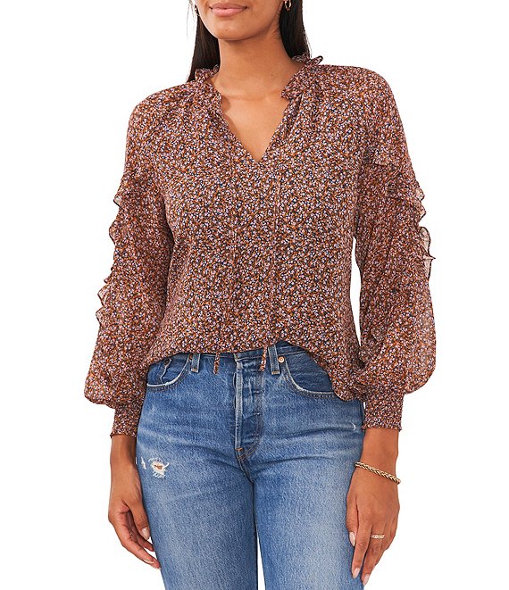 1. STATE Gauze Chiffon Ditzy Floral Print Long Sleeve V-Neck Tie Front Ruffled Blouse