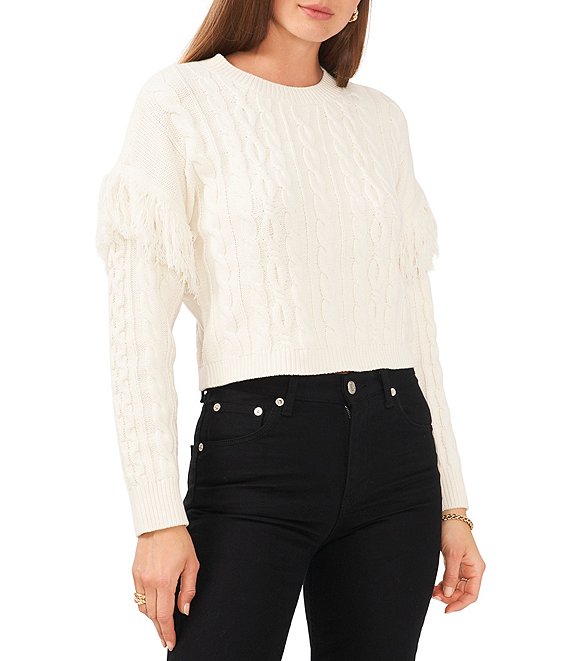 1. STATE Long Fringe Volume Sleeve Cable Knit Crew Neck Sweater