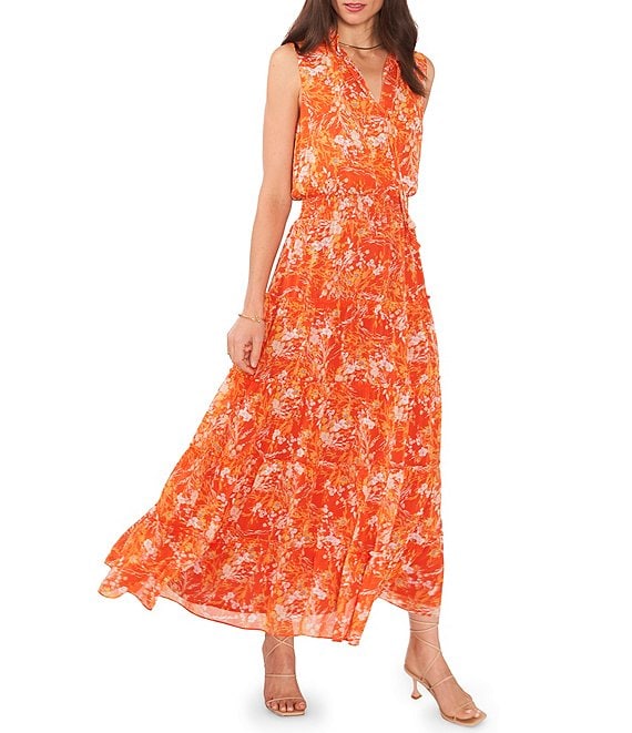 Color:Scrolling Paisley - Image 1 - Paisley Print Tie V-Neck Tiered Sleeveless Maxi Dress