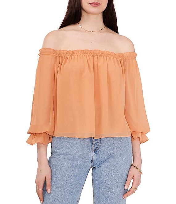 Color:Toasted Nut - Image 1 - Ruffle Off-the-Shoulder 3/4 Sleeve Chiffon Blouse