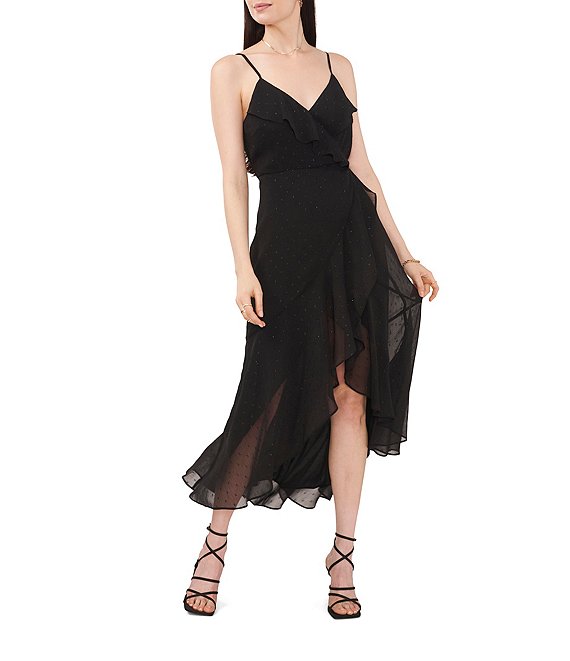 Color:Rich Black - Image 1 - Sleeveless V-Neck High-Low Faux Wrap Ruffle Dress