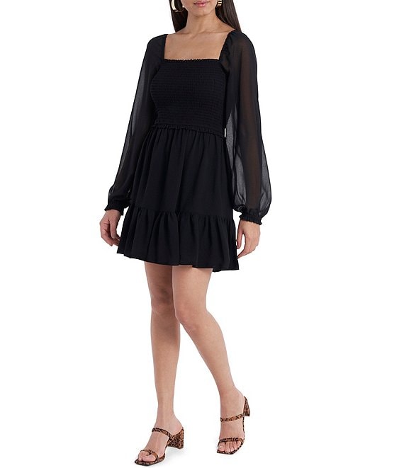 1. STATE Smocked Waist Tiered Ruffle Hem Square Neck Long Sheer Balloon  Sleeve A-Line Dress