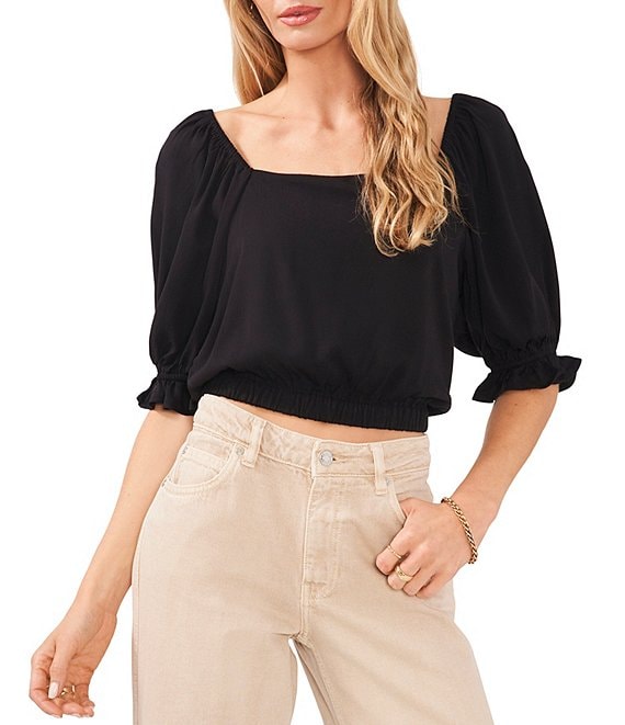 Color:Rich Black - Image 1 - Square Neck Short Puff Elbow Sleeve Coordinating Crop Top