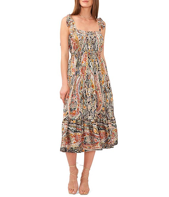 1. STATE Tapestry Paisley Print Tie Shoulder Empire Waist Midi Dress ...