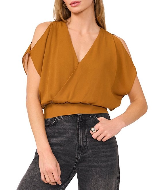 1. STATE V-Neck Cold Shoulder Draped Blouse