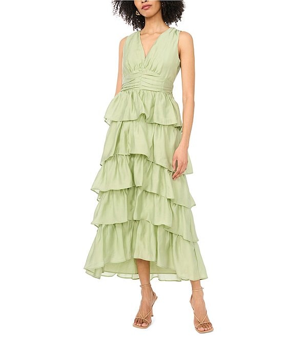 1. STATE V-Neck Sleeveless Cascading Ruffle Maxi A-Line Maxi Dress
