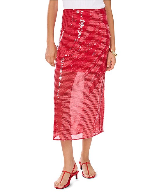 スカート Sparkly Sequinned Red Midi Skirt 1. STATE Sequin Mesh Sheer Illusion High Rise Slip Midi