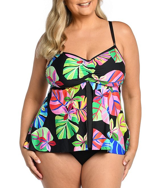 24th & Ocean Plus Size Flyaway Tropical Floral Print Sweetheart Neck  Underwire Tankini Swim Top & Solid Tummy Control Swim Bottm