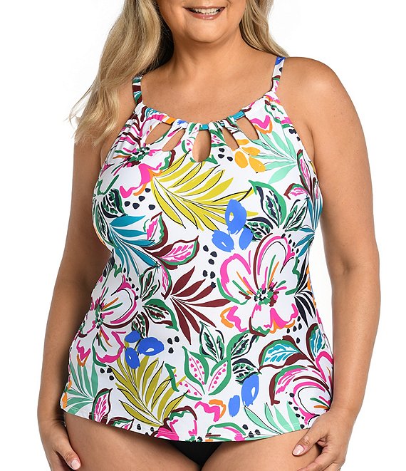 24th & Ocean Plus Size Sketched Floral Keyhole High Neck Underwire Tankini  Swim Top & Solid Tummy Control Swim Bottom