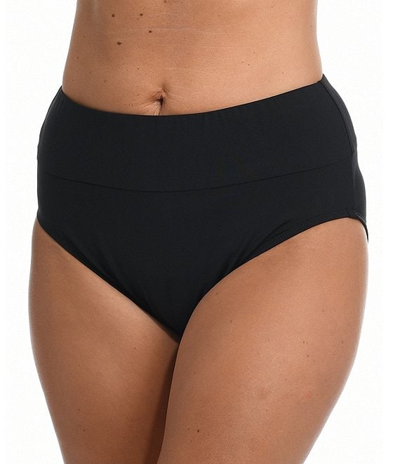 Color:Black - Image 1 - Solids Mid Waist Spliced Tummy Control Swim Bottom