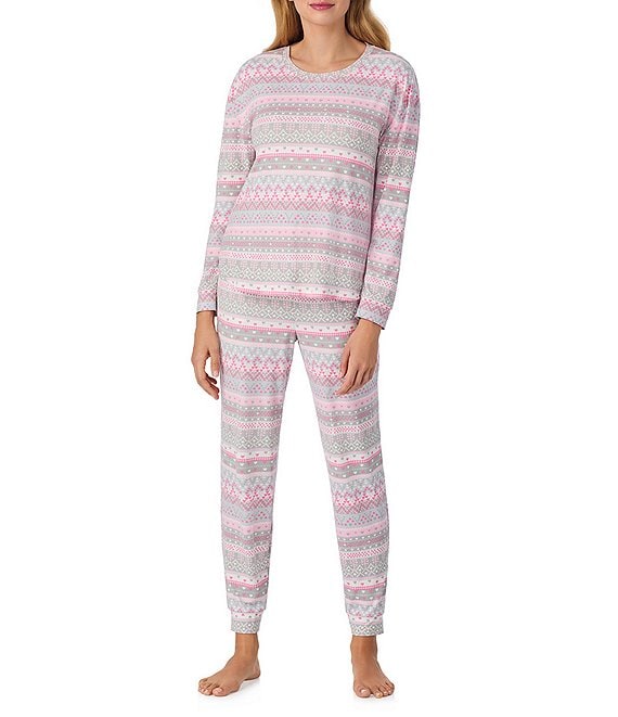 40WINKS Long Sleeve Crew Neck Cozy Jersey Long Fair Isle Pajama Set, White - Image 1