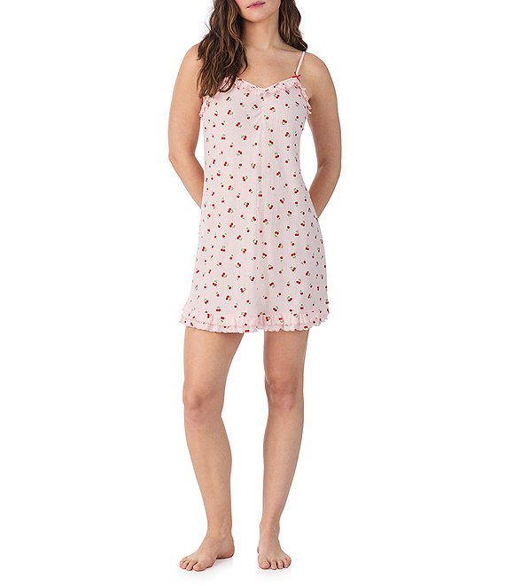 40WINKS Sleeveless V-Neck Brushed Pointelle Cherry Print Chemise