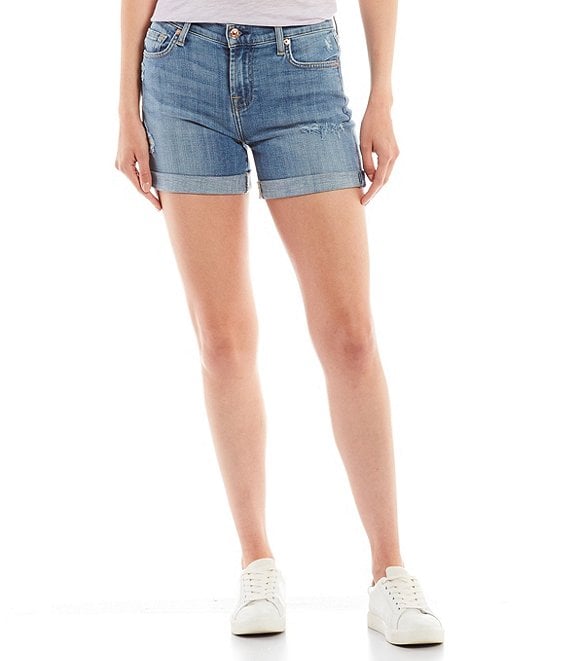 Color:Bright Light Broken Twill - Image 1 - Distressed Button Fly Mid Rise Rolled Cuff Shorts