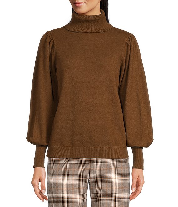 Color:Chestnut - Image 1 - Jersey Knit Long Blouson Sleeve Turtleneck Sweater