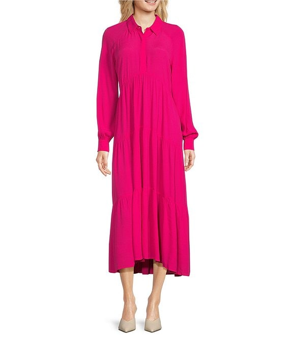 A Loves A Button Down Collar Long Sleeve Tiered Maxi Shirt Dress