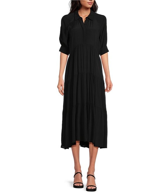 Color:Black - Image 1 - Button Down Collar Short Balloon Cuff Sleeve Tiered Waistless Midi Shirt Dress