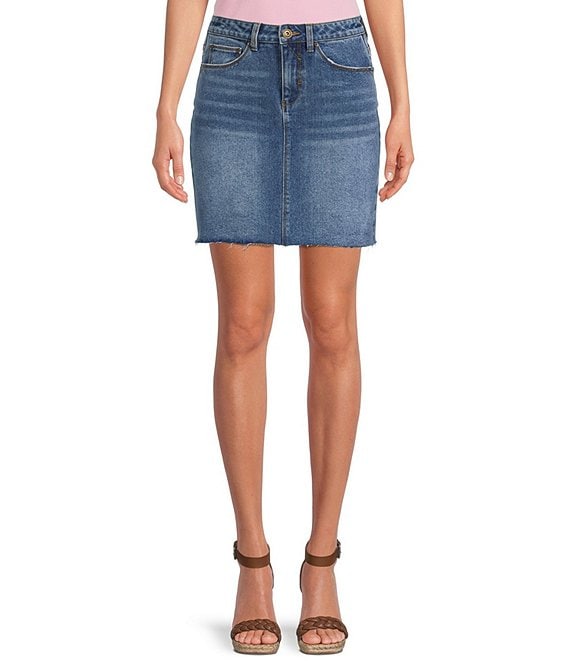 Color:Medium Blue - Image 1 - Cut Off Frayed Hem Stretch Denim Mini Skirt