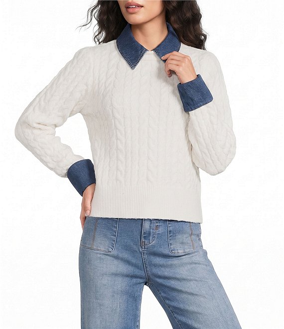 A Loves A Denim Cuffed Collared Long Sleeve Cable Knit Sweater