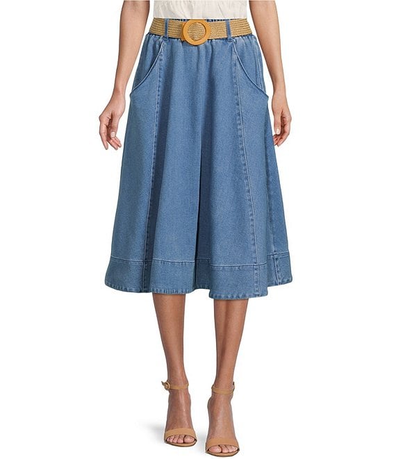 Color:Medium Wash - Image 1 - Denim High Elastic Waist Belted A-Line Midi Skirt