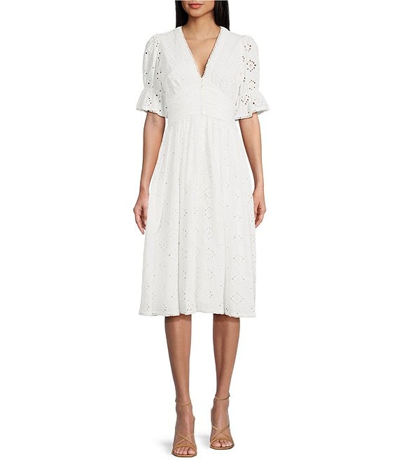 A Loves A Embroidered Eyelet Short Puff Sleeve Button Front Ruched Waist Midi Dress