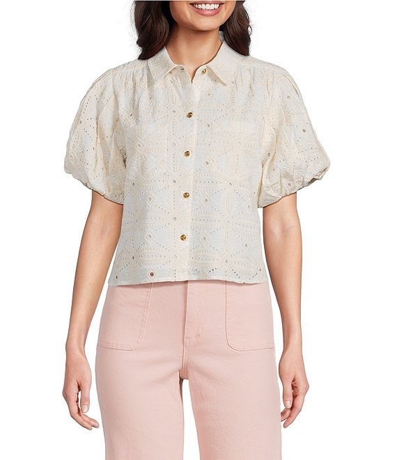 A Loves A Embroidered Shirt Collar Short Bubble Sleeve Button Front Shirt