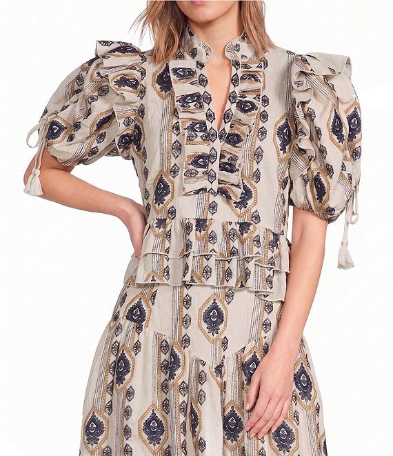 A Loves A Embroidered V Neck Short Bubble Sleeve Woven Coordinating Blouse