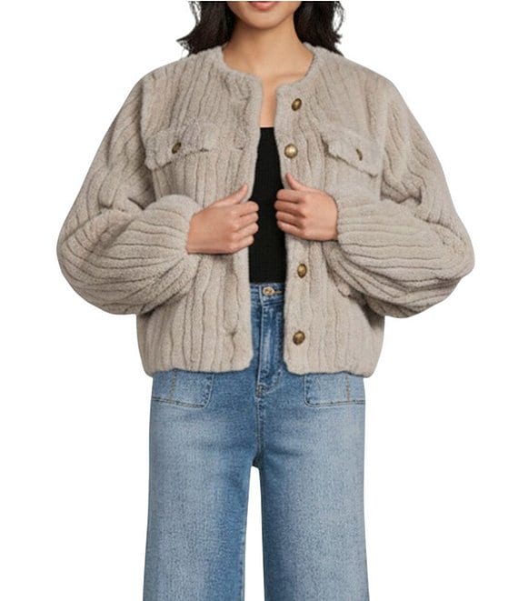 A Loves A Faux Fur Round Neck Long Bubble Sleeve Button Front Jacket