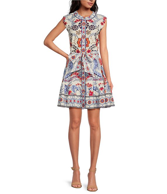 A Loves A Floral Border Print Banded Crew Neck Cap Sleeve Button Front Belted A-Line Dress