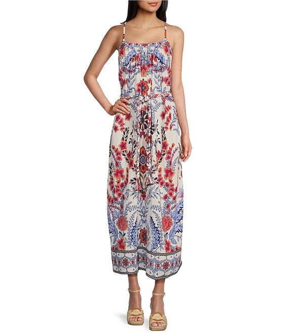 A Loves A Floral Border Print Square Neck Sleeveless Spaghetti Strap Belted Gauze Maxi Dress