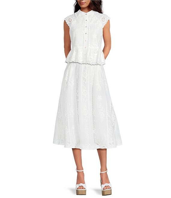 A Loves A Floral Lace Mandarin Collar Sleeveless Button Front Ruffle Hem Top