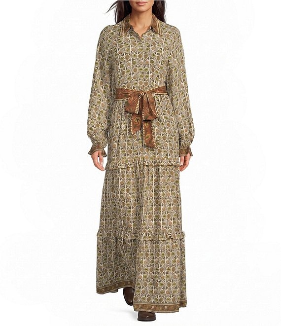 A Loves A Floral Print Collared Long Sleeve Belted Tiered Maxi Dress