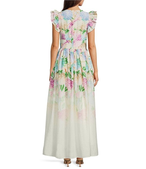 floral flounce maxi dress Navy Multicolor Flounce Sleeve Floral Maxi Dress