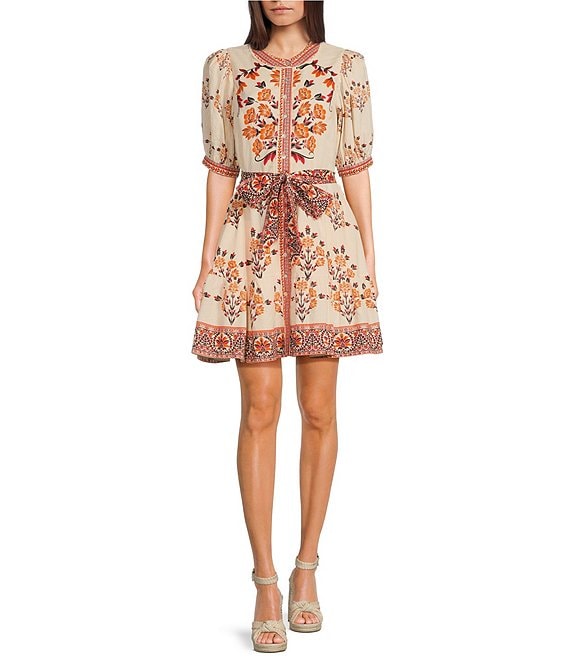 A Loves A Light Floral Printed Bubble Sleeve Button Front Mini Dress