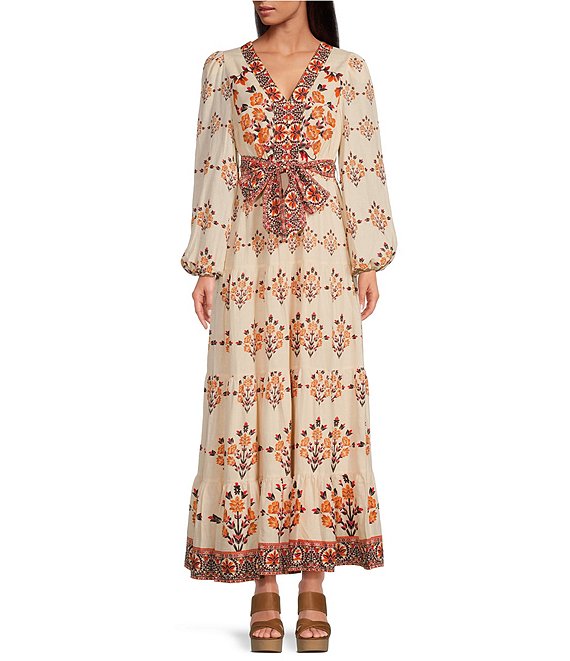 A Loves A Floral Printed Linen Blend Long Sleeve V Neck Self Tie Maxi Dress