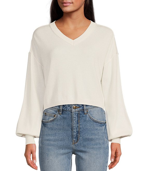 Color:Cream - Image 1 - Knit V-Neck Long Balloon Sleeve Sweater