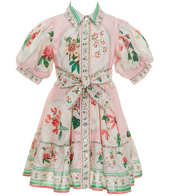 A Loves A Little Girls Iris Placement Print Puff Sleeve Button Front A-Line Dress
