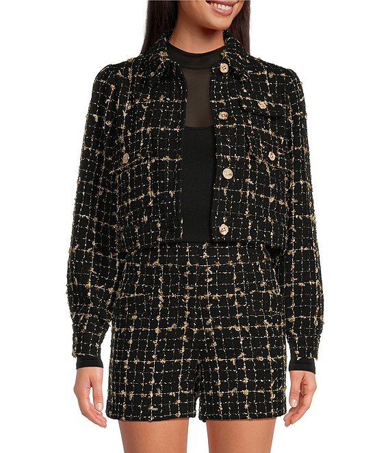 A Loves A Long Sleeve Point Collar Metallic Boucle Cropped Jacket