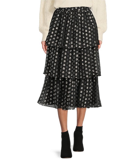 A Loves A Metallic Clip Dot Print Tiered Ruffle Midi Skirt