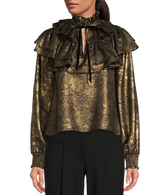 Color:Champagne Gold - Image 1 - Metallic Floral Print Split V-Neck Long Sleeve Tie Front Tiered Ruffle Blouse